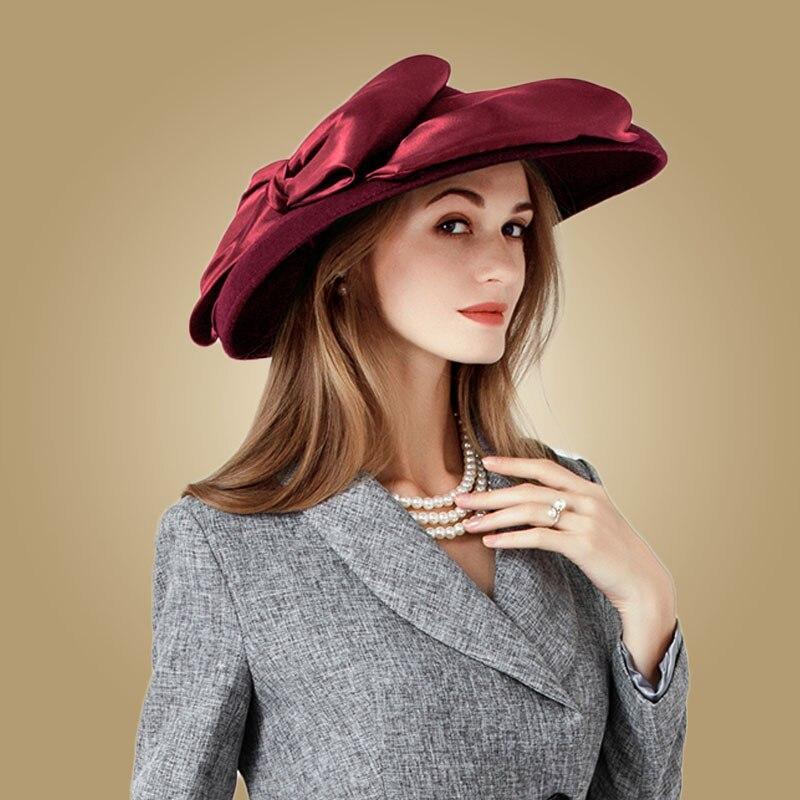 Women's Elegant Wool Wide-Brimmed Fedora Hat with Asymmetrical Design - Lovez Aqua© - Wine Red