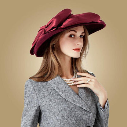 Women's Elegant Wool Wide-Brimmed Fedora Hat with Asymmetrical Design - Lovez Aqua© - Wine Red