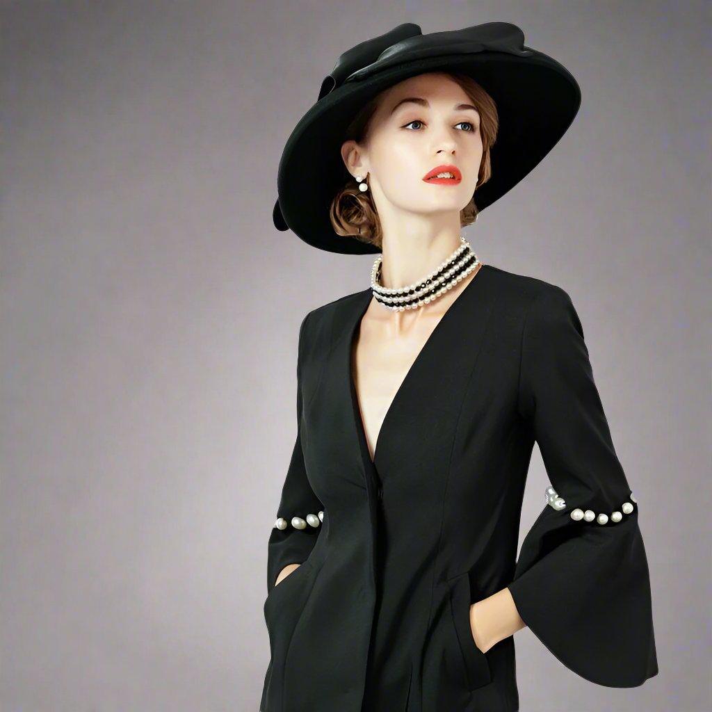 Women's Elegant Wool Wide-Brimmed Fedora Hat with Asymmetrical Design - Lovez Aqua© - Black