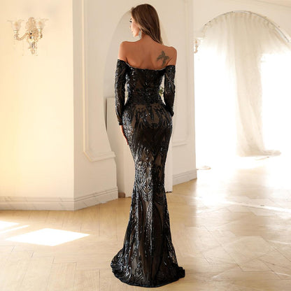 Women's Embroidered Off-Shoulder Mermaid Gown With Sweetheart Neckline & Train - Lovez Aqua© - 
