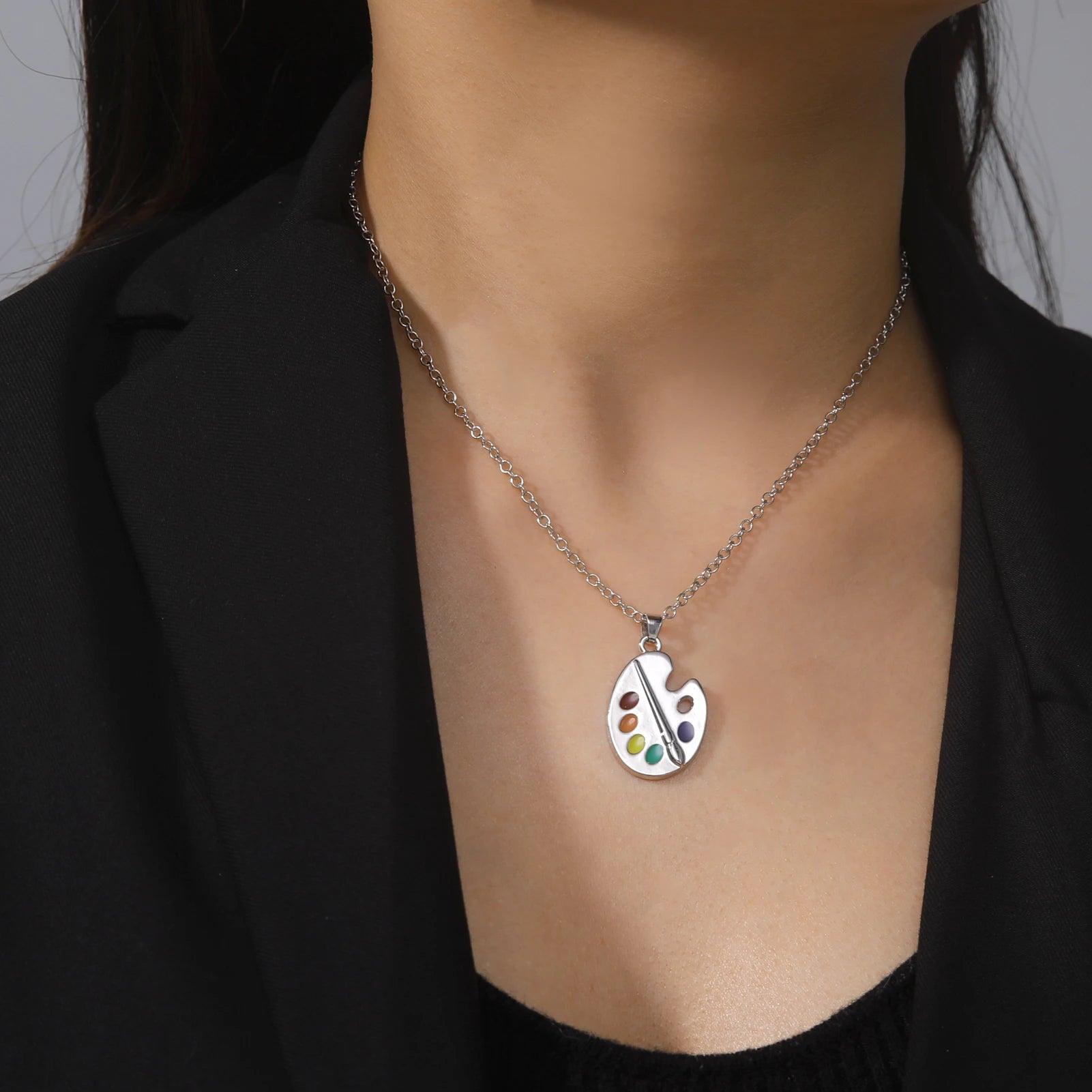Women's Enamel Artist's Palette & Paint Brush Pendant Necklace - Lovez Aqua© - 