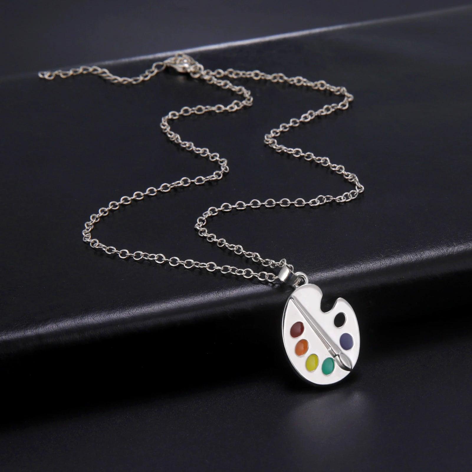 Women's Enamel Artist's Palette & Paint Brush Pendant Necklace - Lovez Aqua© - 