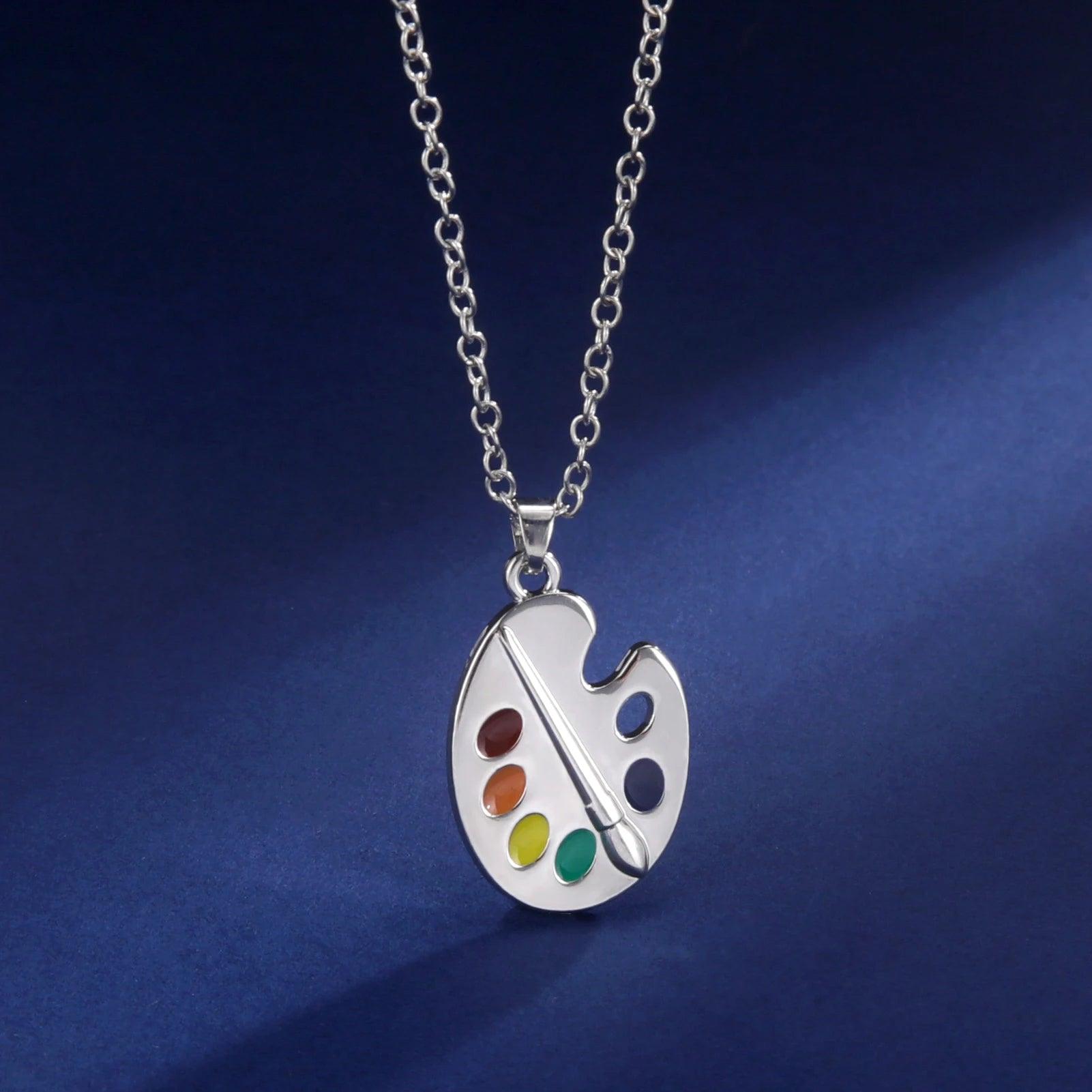 Women's Enamel Artist's Palette & Paint Brush Pendant Necklace - Lovez Aqua© - 