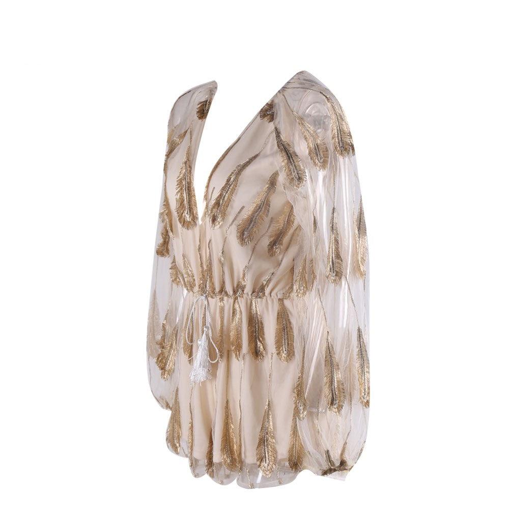 Women’s Feathered Mesh Playsuit Romper With Plunging Neckline & Long Sleeves - Lovez Aqua© - 