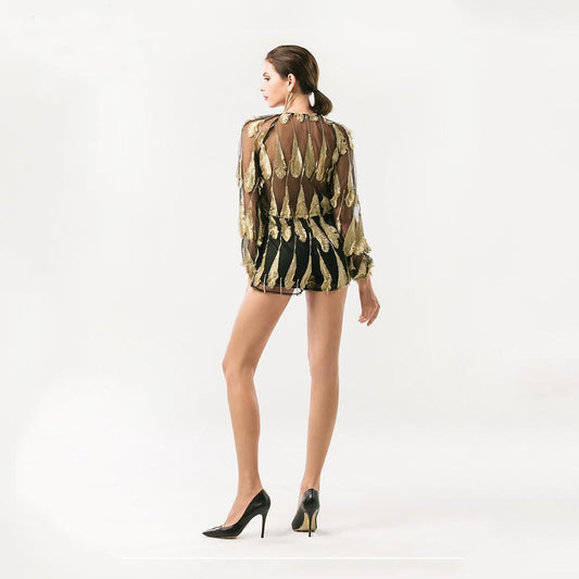 Women’s Feathered Mesh Playsuit Romper With Plunging Neckline & Long Sleeves - Lovez Aqua© - 