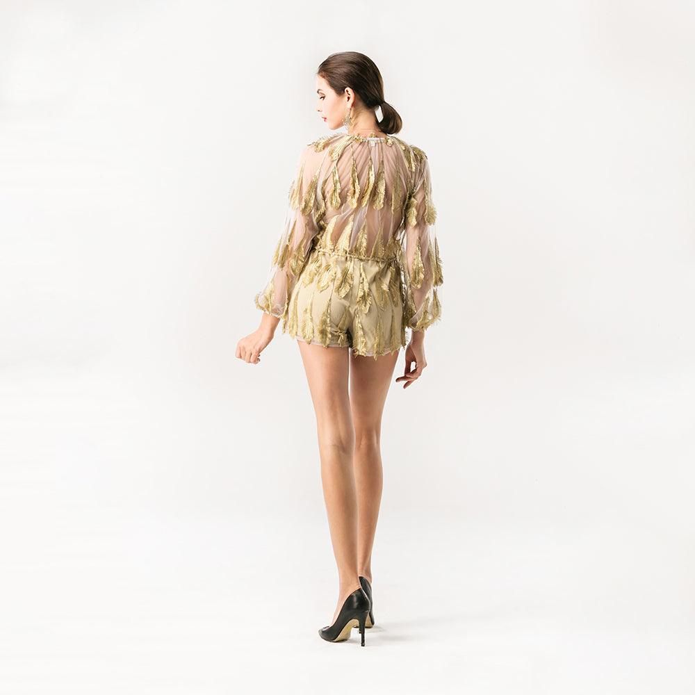 Women’s Feathered Mesh Playsuit Romper With Plunging Neckline & Long Sleeves - Lovez Aqua© - 