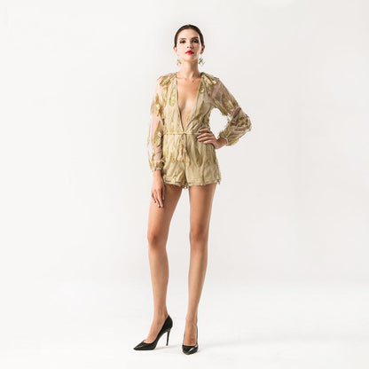 Women’s Feathered Mesh Playsuit Romper With Plunging Neckline & Long Sleeves - Lovez Aqua© - Nude / XS