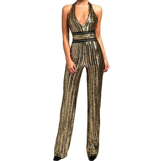 Women's Glamorous Gold Sequin Halter Jumpsuit With Cinched Waist & Wide Legs - Lovez Aqua© - 