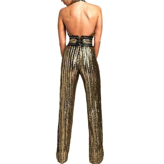 Women's Glamorous Gold Sequin Halter Jumpsuit With Cinched Waist & Wide Legs - Lovez Aqua© - 