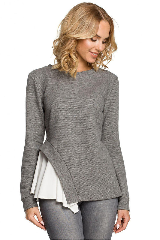 Women’s Gray Knit Asymmetrical Peplum Blouse With Round Neckline - Lovez Aqua© - 