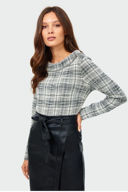 Women's Gray & White Plaid Cowl Neck Checkered Blouse with Long Sleeves - Lovez Aqua© - 