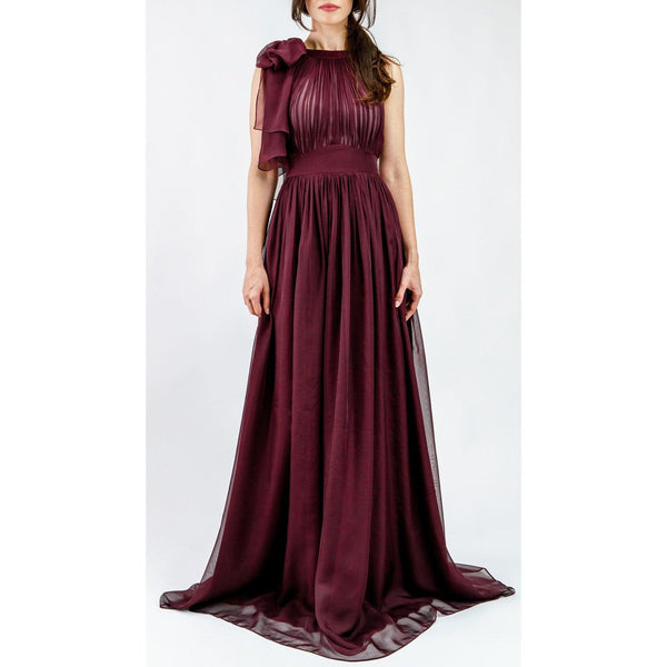 Women's Italian Chiffon & Satin Pleated Burgundy Evening Gown With High Collar - Lovez Aqua© - 