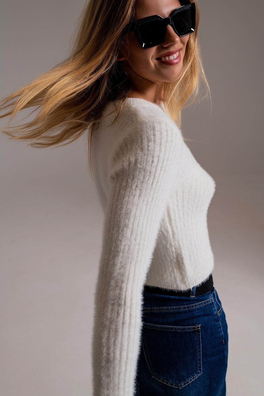 Women's Luxurious Ribbed White Cropped Ecru Woolen Knitted Sweater - Lovez Aqua© - 