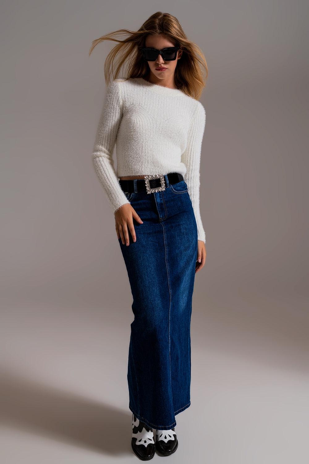 Women's Luxurious Ribbed White Cropped Ecru Woolen Knitted Sweater - Lovez Aqua© - 