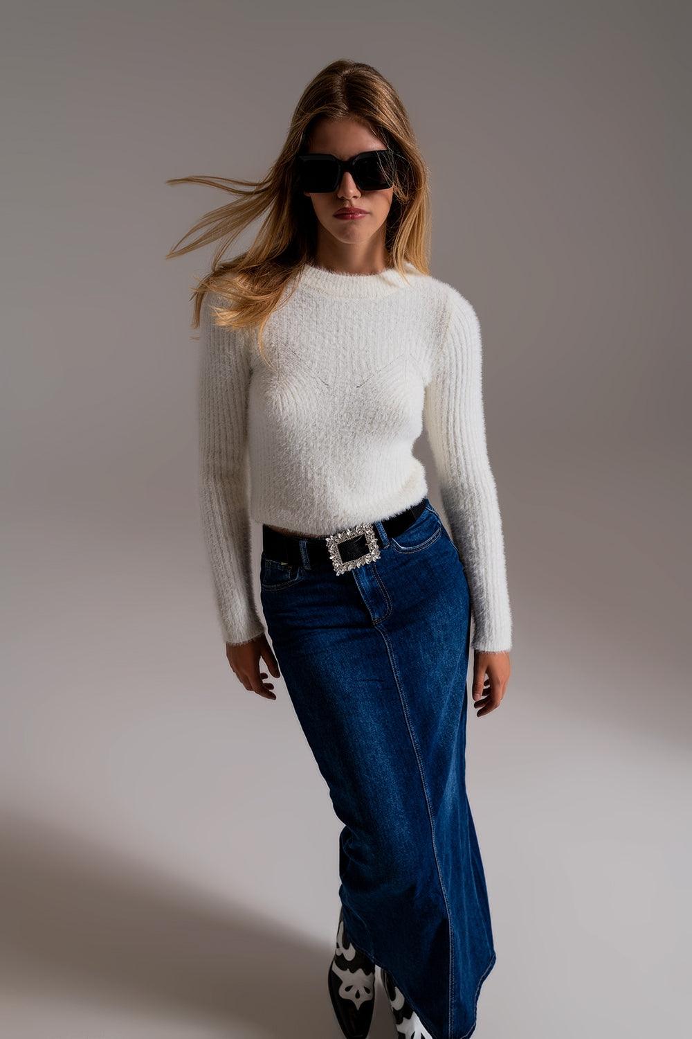 Women's Luxurious Ribbed White Cropped Ecru Woolen Knitted Sweater - Lovez Aqua© - 