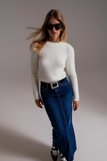 Women's Luxurious Ribbed White Cropped Ecru Woolen Knitted Sweater - Lovez Aqua© - 