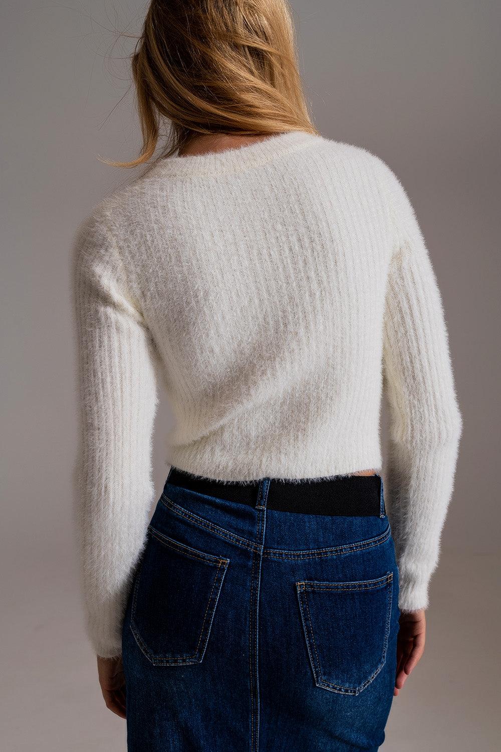 Women's Luxurious Ribbed White Cropped Ecru Woolen Knitted Sweater - Lovez Aqua© - 