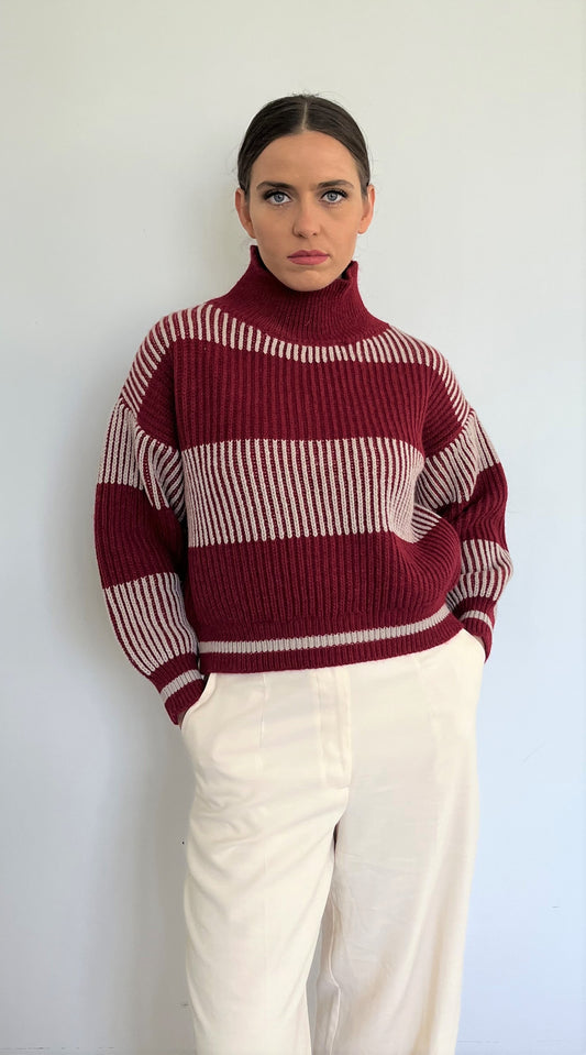 Women's Merino Wool High Neck Knitted Jumper With Striped Pattern - Lovez Aqua© - Red/White / S/M