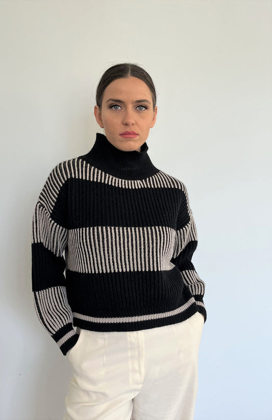 Women's Merino Wool High Neck Knitted Jumper With Striped Pattern - Lovez Aqua© - Black/White / S/M