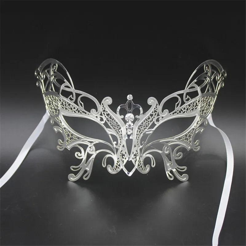 Women's Metal Laser-Cut Butterfly Filigree Venetian Masquerade Mask - Lovez Aqua© - Silver