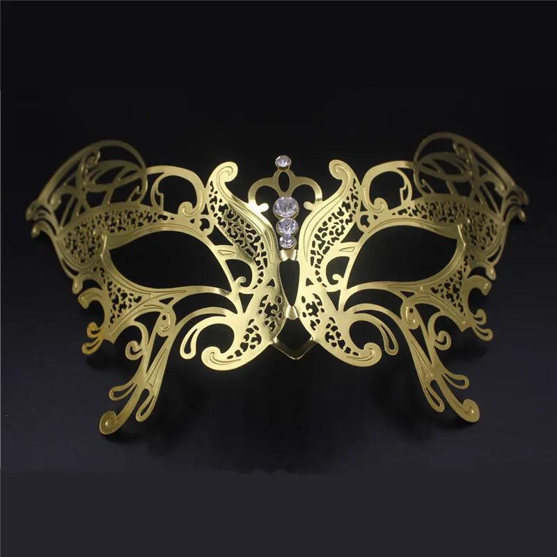 Women's Metal Laser-Cut Butterfly Filigree Venetian Masquerade Mask - Lovez Aqua© - Gold