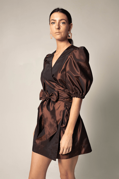 Women’s Metallic Bordeaux Wrap Dress with V-Neck & Mid-length Sleeves - Lovez Aqua© - 
