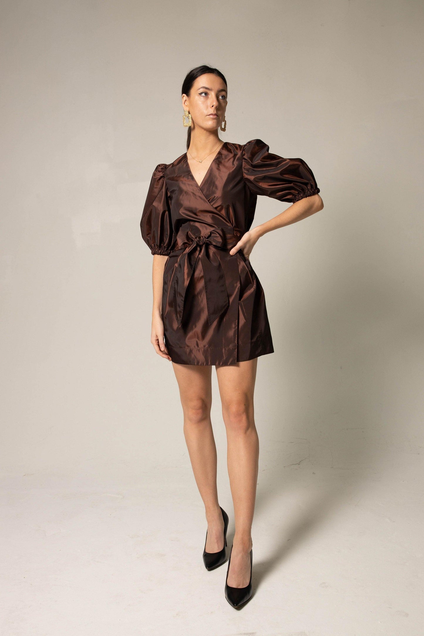 Women’s Metallic Bordeaux Wrap Dress with V-Neck & Mid-length Sleeves - Lovez Aqua© - 
