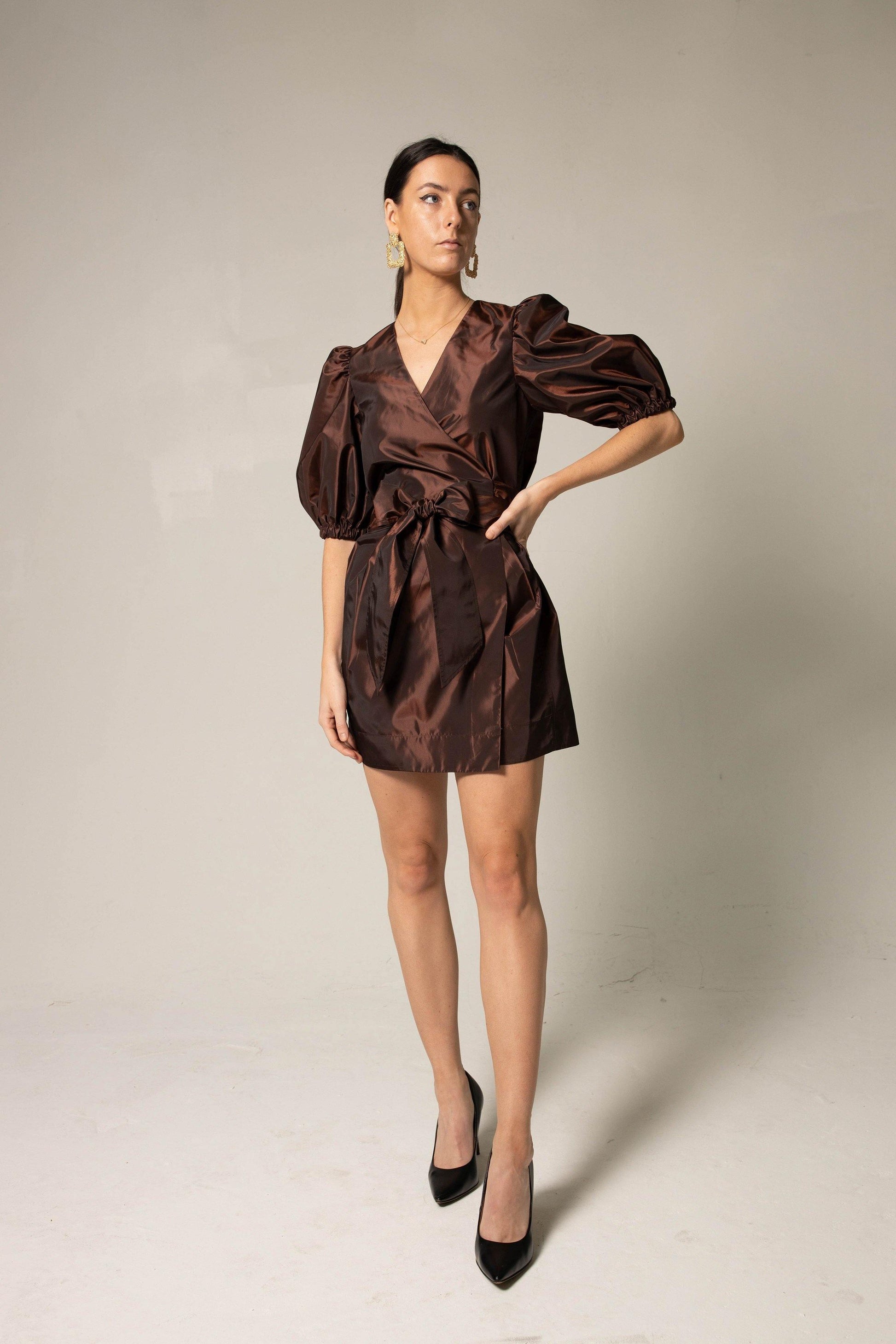 Women’s Metallic Bordeaux Wrap Dress with V-Neck & Mid-length Sleeves - Lovez Aqua© - 