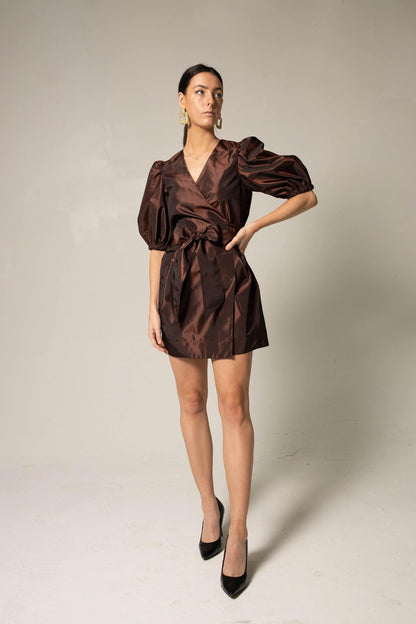 Women’s Metallic Bordeaux Wrap Dress with V-Neck & Mid-length Sleeves - Lovez Aqua© - 