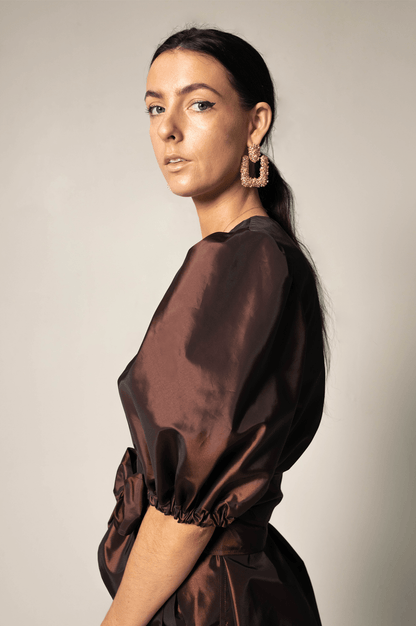 Women’s Metallic Bordeaux Wrap Dress with V-Neck & Mid-length Sleeves - Lovez Aqua© - 