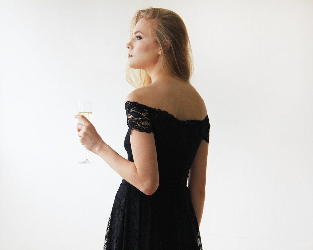 Women's Off-The-Shoulder Short Sleeves Black Lace Midi Dress - Lovez Aqua© - 