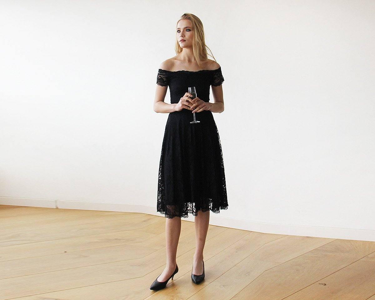 Women's Off-The-Shoulder Short Sleeves Black Lace Midi Dress - Lovez Aqua© - 