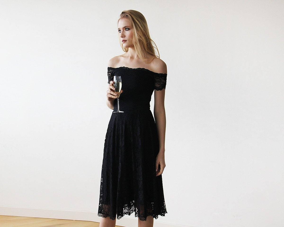 Women's Off-The-Shoulder Short Sleeves Black Lace Midi Dress - Lovez Aqua© - 