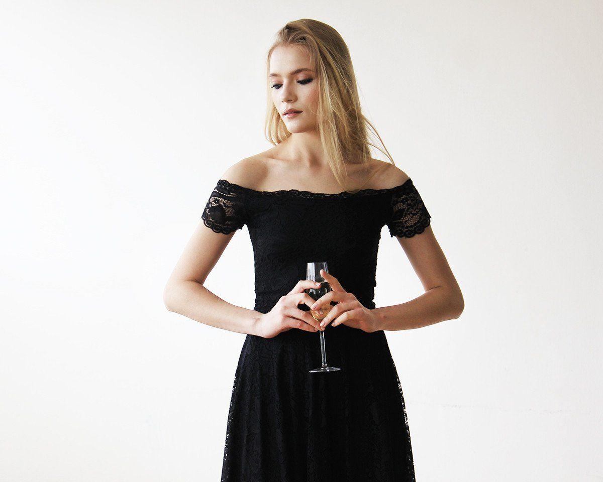 Women's Off-The-Shoulder Short Sleeves Black Lace Midi Dress - Lovez Aqua© - 