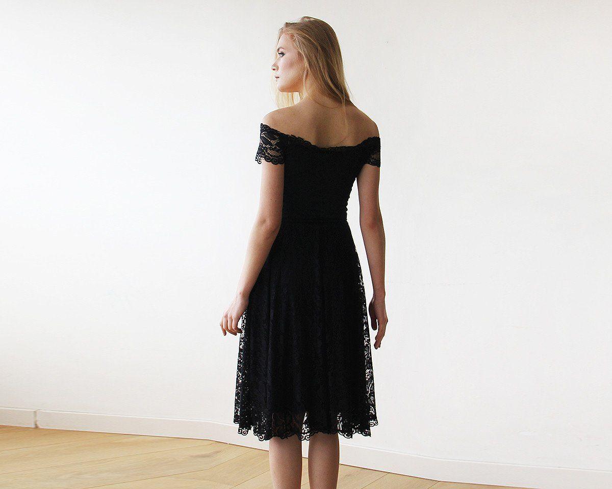 Women's Off-The-Shoulder Short Sleeves Black Lace Midi Dress - Lovez Aqua© - 