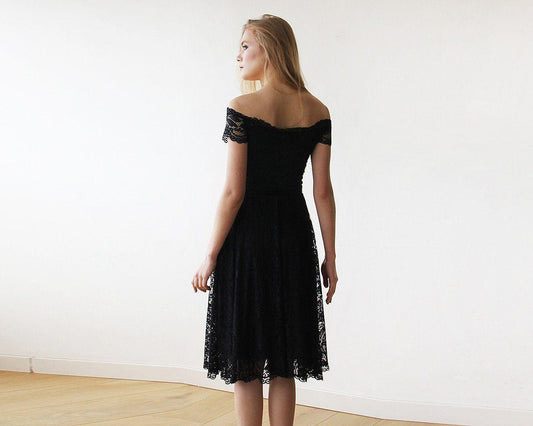 Women's Off-The-Shoulder Short Sleeves Black Lace Midi Dress - Lovez Aqua© - 