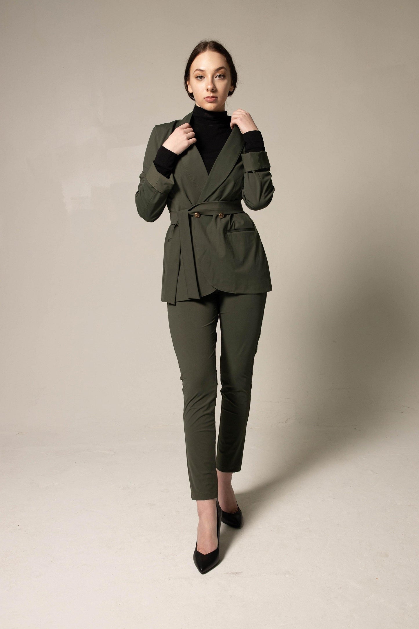 Women's Olive Green Belted Blazer With Front Buttons & Notched Lapel - Lovez Aqua© - 