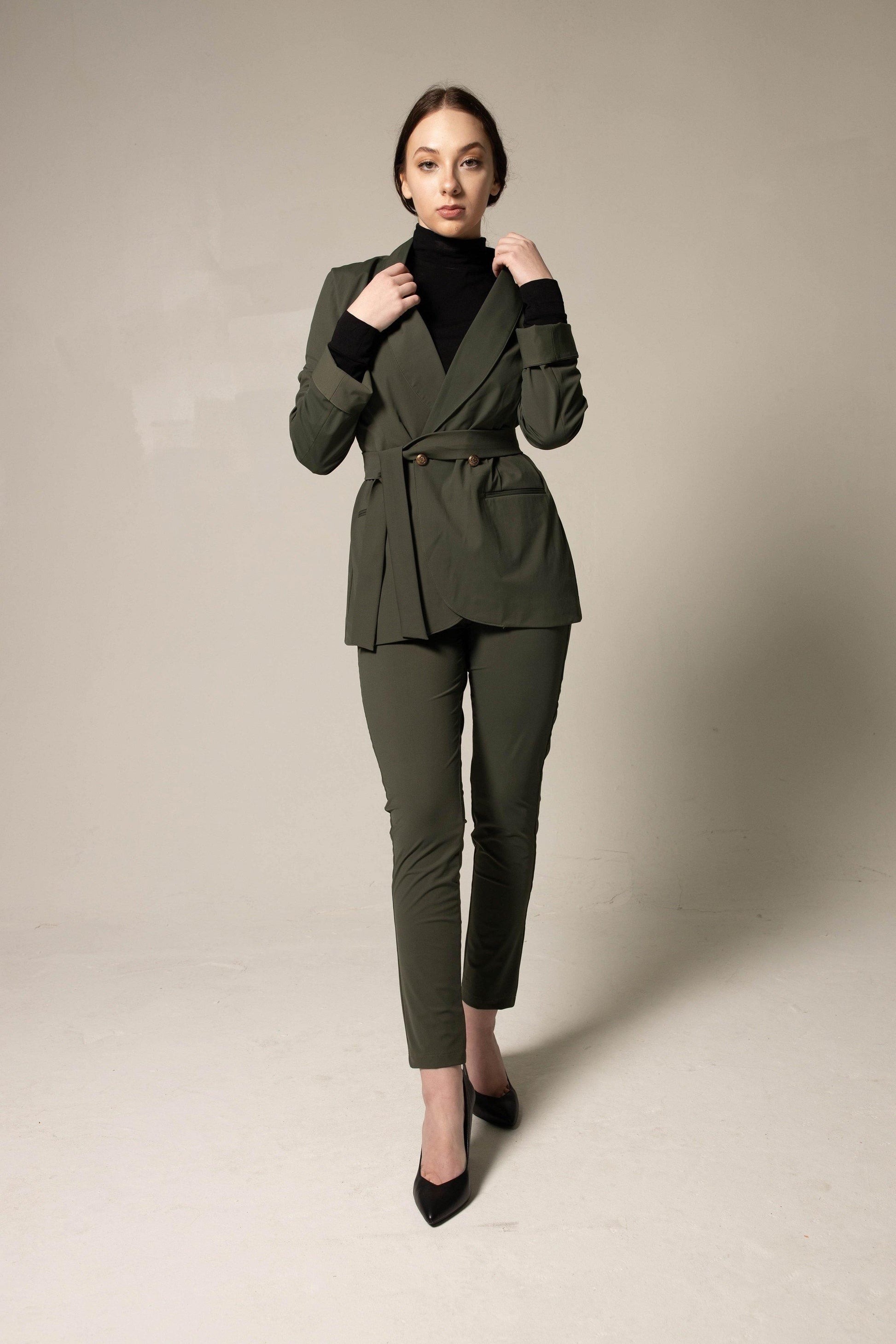 Women's Olive Green Belted Blazer With Front Buttons & Notched Lapel - Lovez Aqua© - 