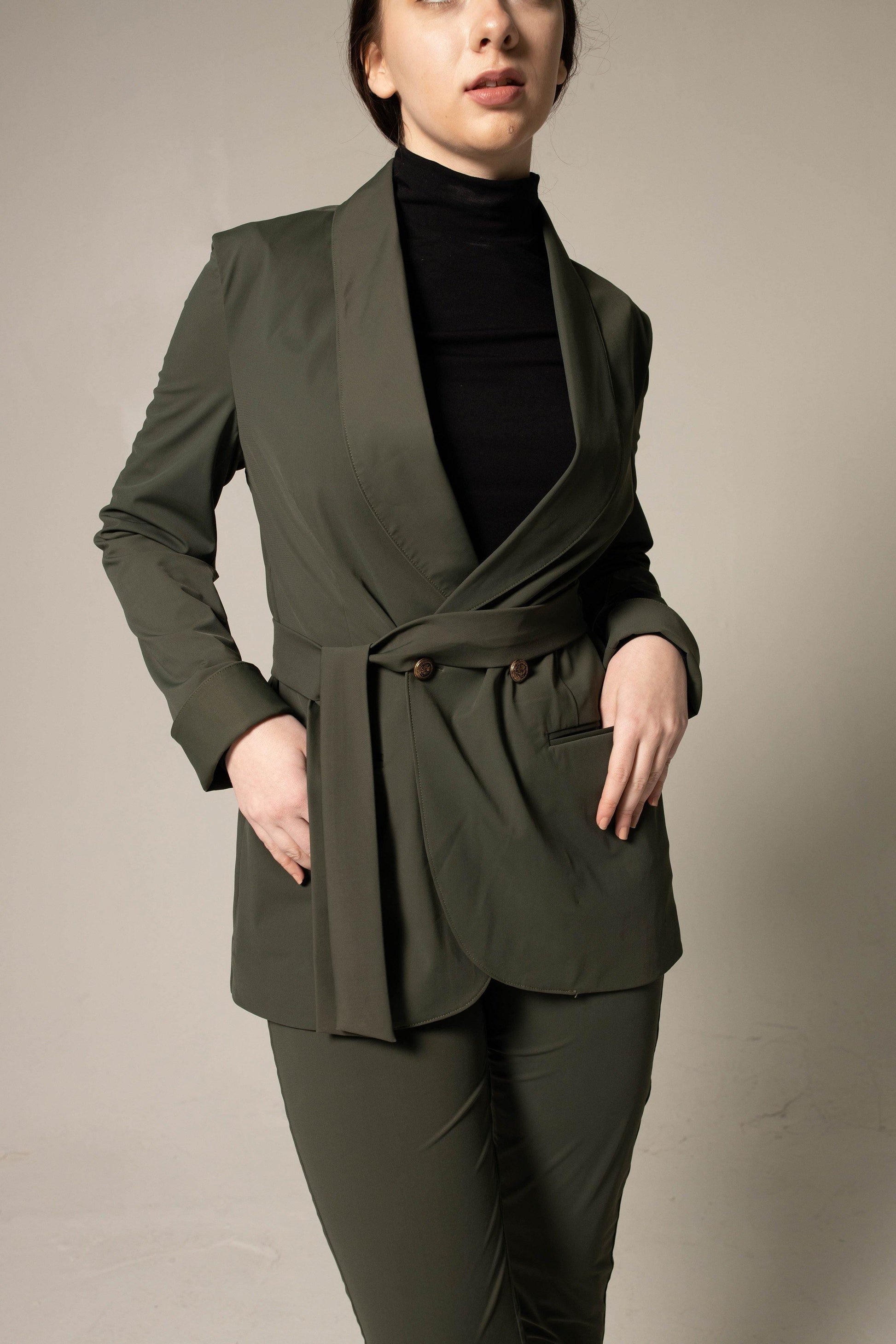 Women's Olive Green Belted Blazer With Front Buttons & Notched Lapel - Lovez Aqua© - 