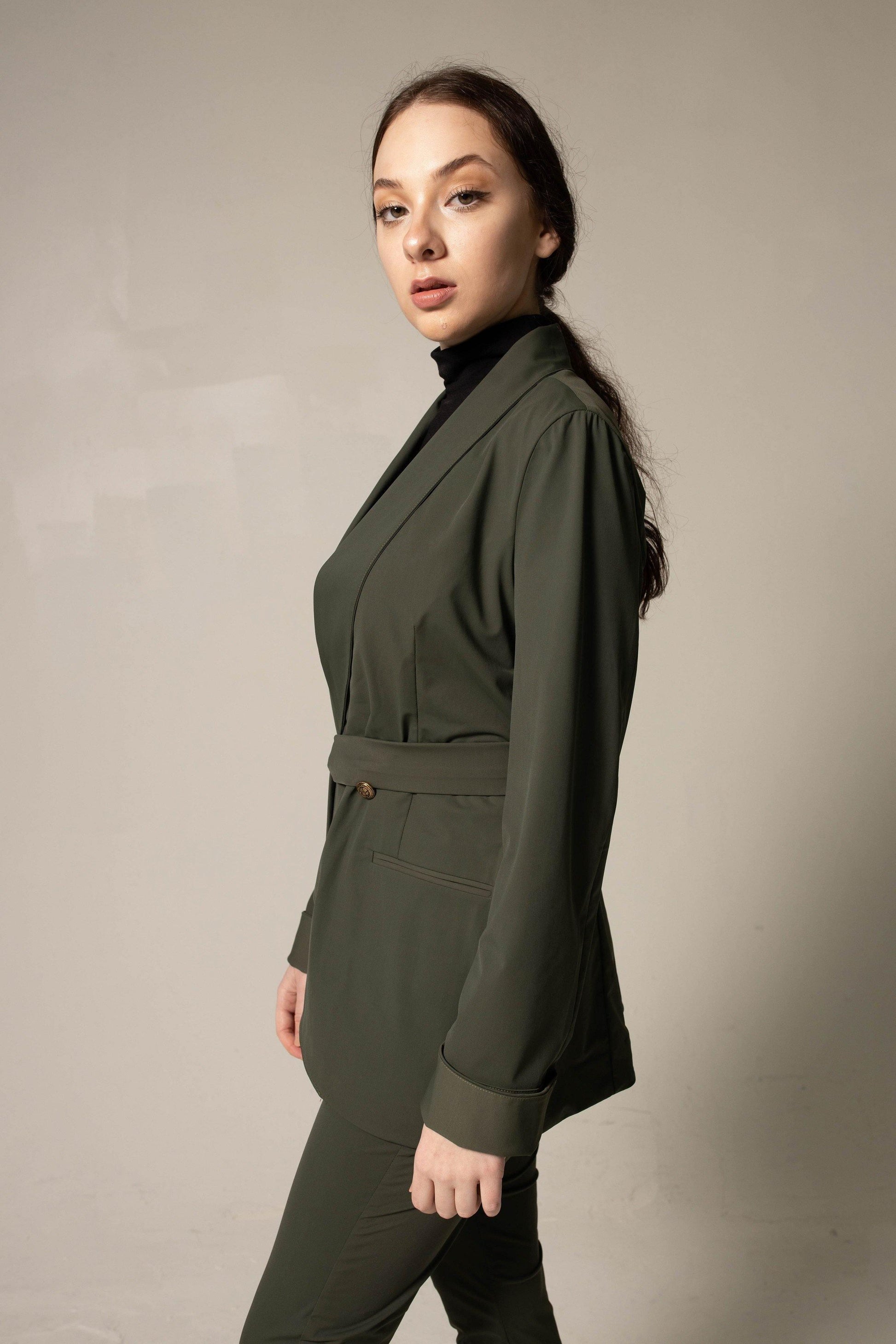 Women's Olive Green Belted Blazer With Front Buttons & Notched Lapel - Lovez Aqua© - 
