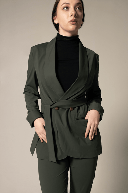 Women's Olive Green Belted Blazer With Front Buttons & Notched Lapel - Lovez Aqua© - 