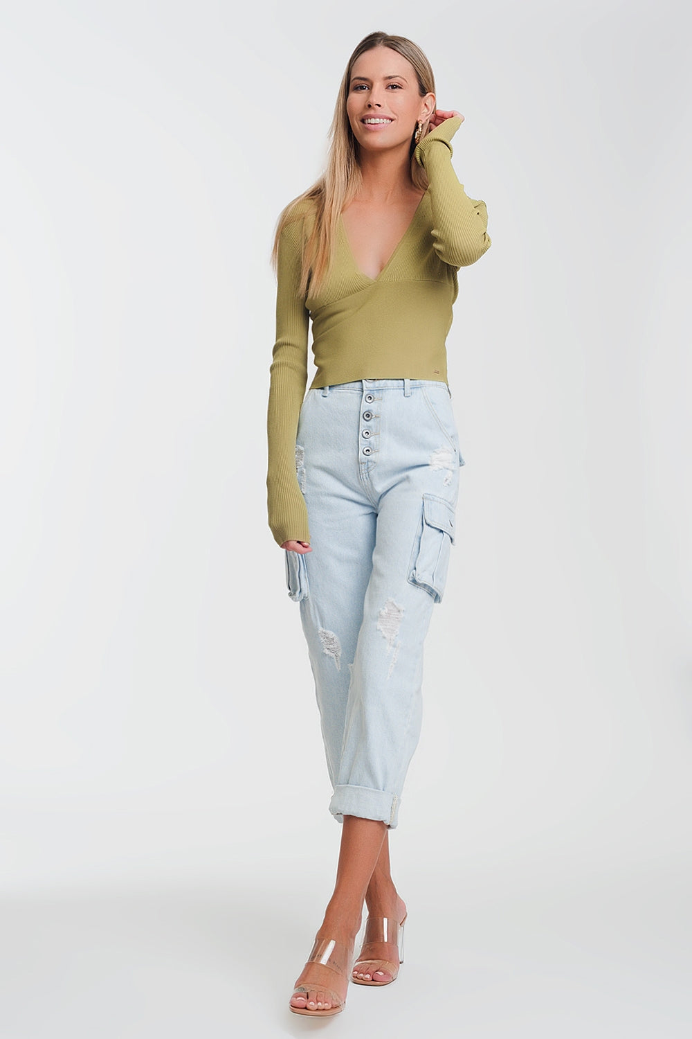 Women's Olive Green Deep V-Neck Ribbed Sweater - Lovez Aqua© - 