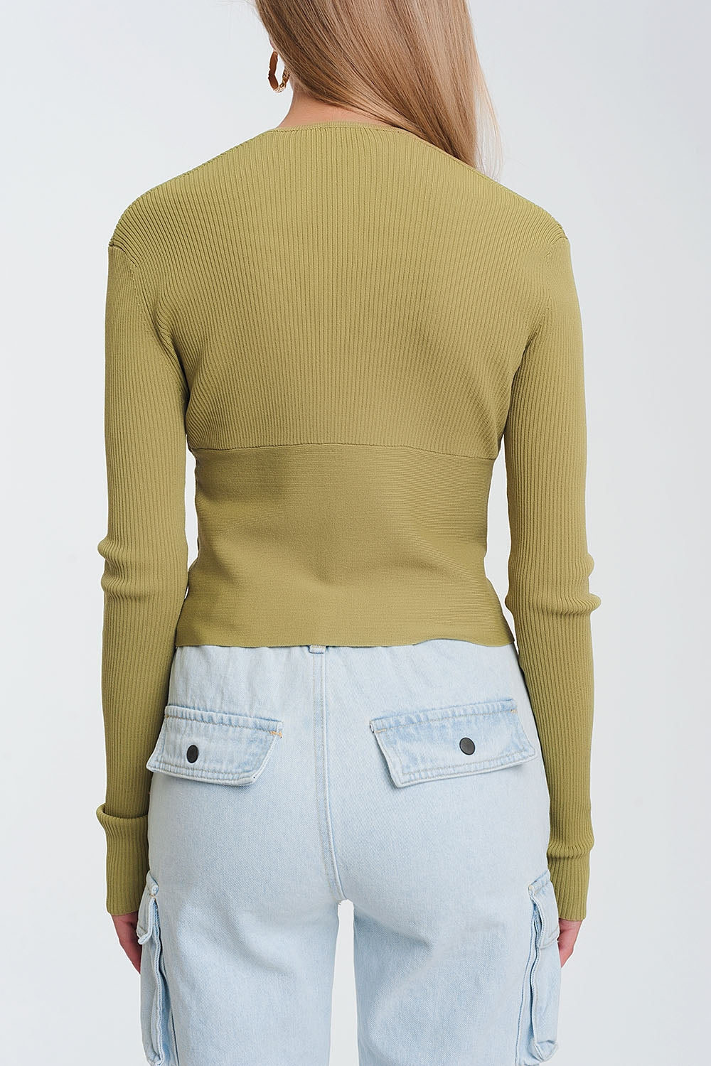 Women's Olive Green Deep V-Neck Ribbed Sweater - Lovez Aqua© - 