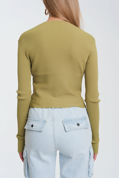 Women's Olive Green Deep V-Neck Ribbed Sweater - Lovez Aqua© - 