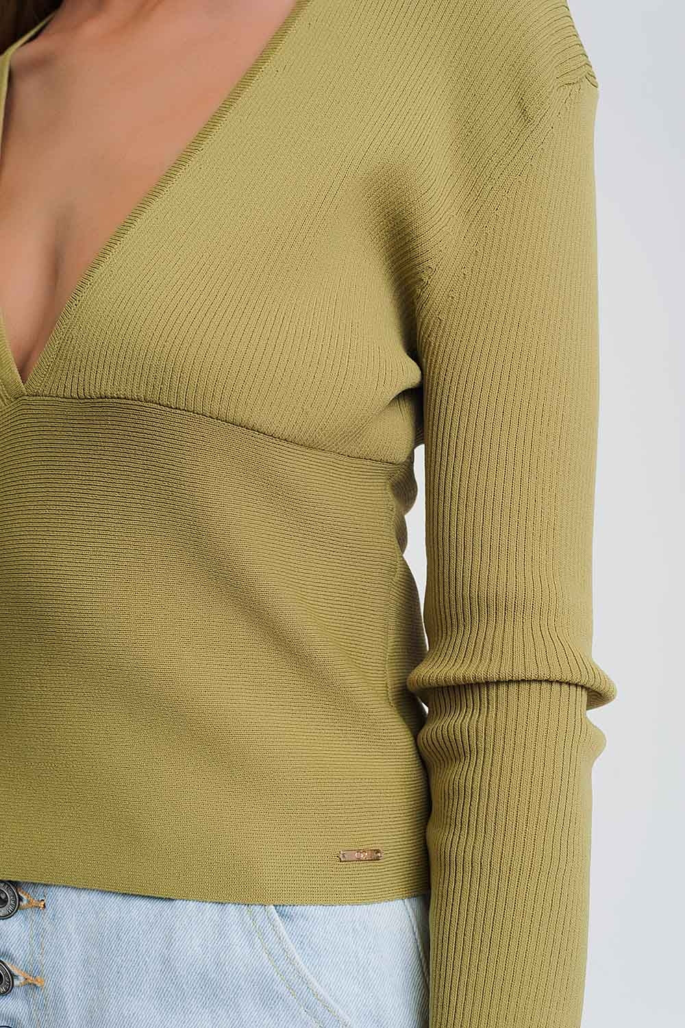 Women's Olive Green Deep V-Neck Ribbed Sweater - Lovez Aqua© - 