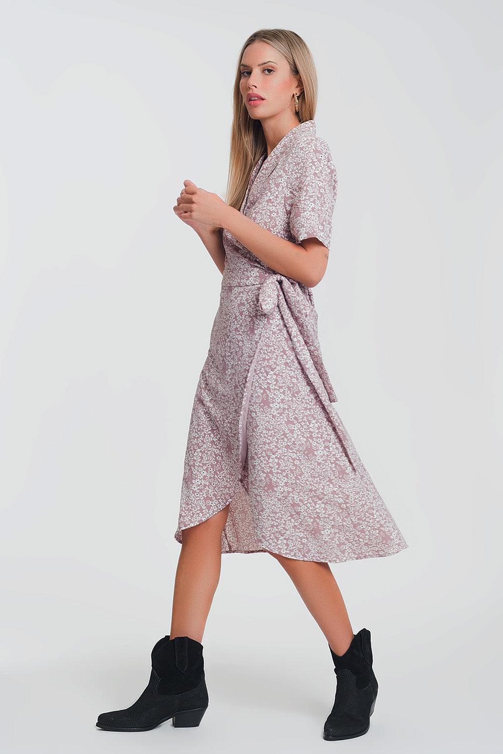 Women's Pink Floral Print Wrap Midi Day Dress - Lovez Aqua© - 