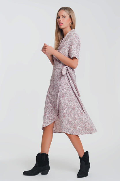 Women's Pink Floral Print Wrap Midi Day Dress - Lovez Aqua© - 