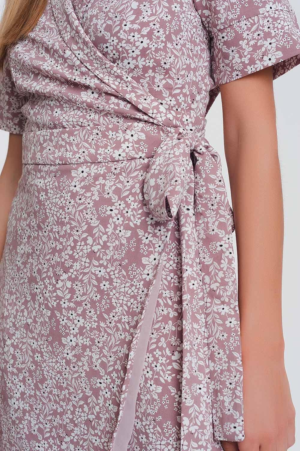 Women's Pink Floral Print Wrap Midi Day Dress - Lovez Aqua© - 