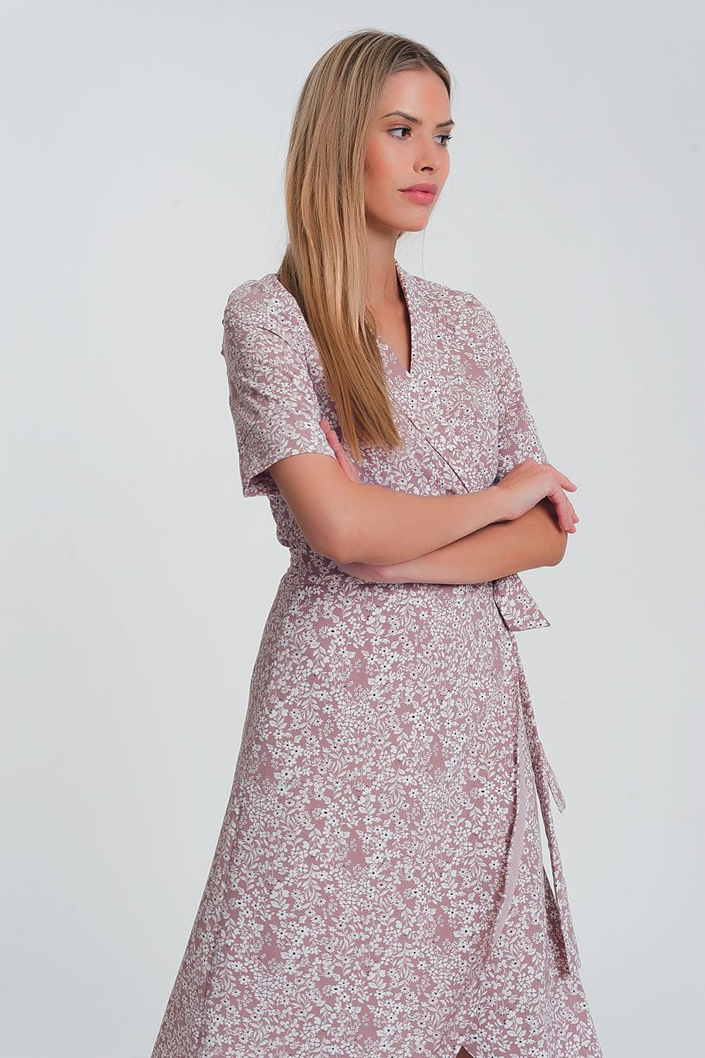 Women's Pink Floral Print Wrap Midi Day Dress - Lovez Aqua© - 