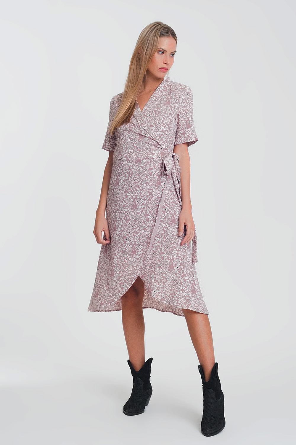 Women's Pink Floral Print Wrap Midi Day Dress - Lovez Aqua© - 